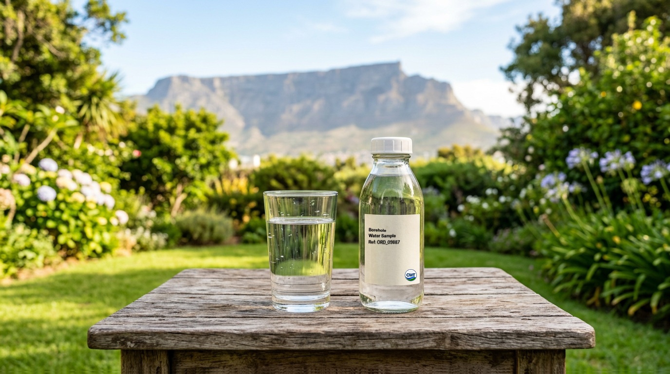A glass of water and a labelled borehole water sample bottle on a wooden garden table with Table Mountain behind