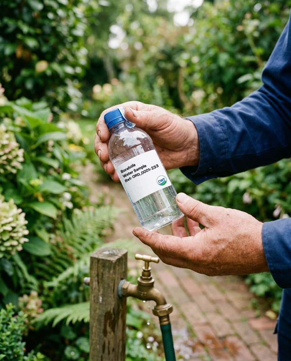 Hands holding a labelled borehole water sample bottle beside a garden tap
