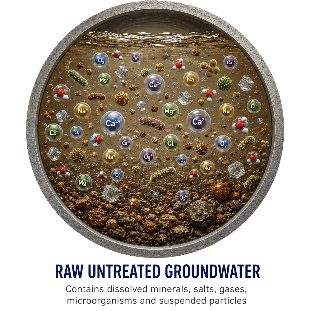 Diagram of raw untreated groundwater showing dissolved minerals, salts, gases, and microorganisms